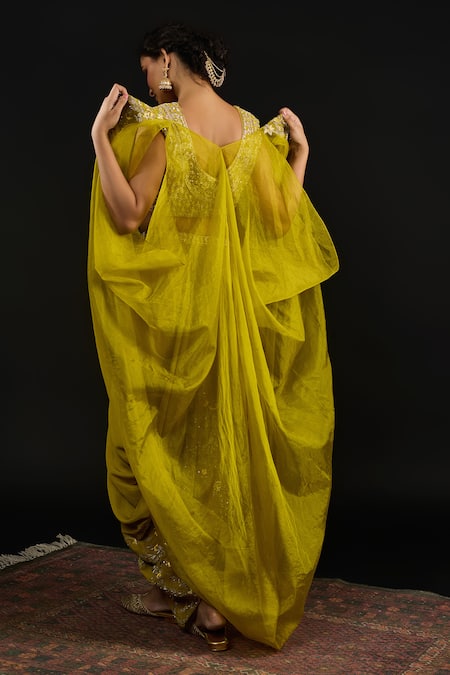 Shop Reeti Arneja Green Organza, Georgette Diamonds, Phool Vine Embroidered Cape And Dhoti Skirt Set Shop_Reeti Arneja_Green Organza, Georgette Diamonds, Phool Vine Embroidered Cape And Dhoti Skirt Set