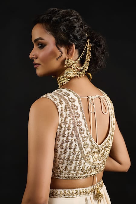 Shop_Reeti Arneja_Ivory Organza, Farah Dabka Phool Vine Embroidered Cape And Dhoti Skirt Set _Online_at_Aza_Fashions