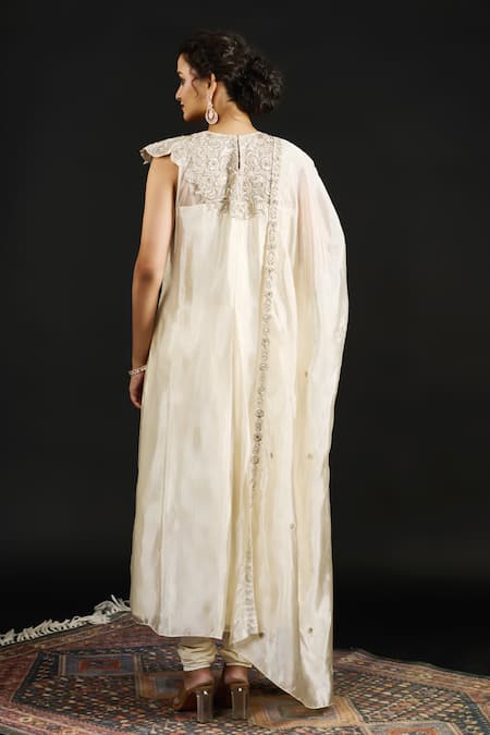 Shop_Reeti Arneja_Ivory Tissue, Lycra Embroidery, Zari, Beads Noura Phool Vine Yoke Anarkali Set _at_Aza_Fashions