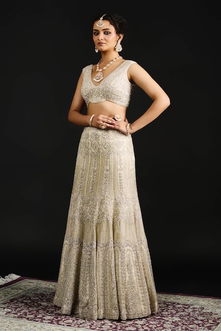 Reeti Arneja_Silver Organza, Net Sequins, Cut Work Safiya Phool Mahal Embroidered Lehenga Set _Online_at_Aza_Fashions