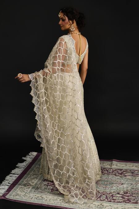 Buy_Reeti Arneja_Silver Organza, Net Sequins, Cut Work Safiya Phool Mahal Embroidered Lehenga Set 