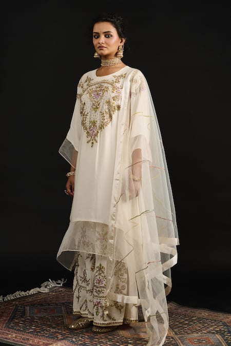 Reeti Arneja_Ivory Georgette Sequins, Beads, Embroidery Salma Flora Kurta And Palazzo Set _Online_at_Aza_Fashions