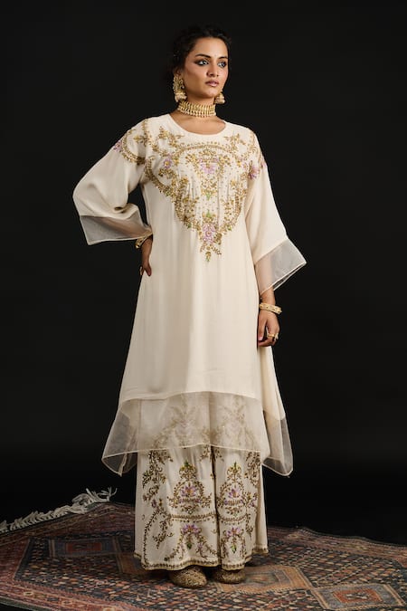 Buy_Reeti Arneja_Ivory Georgette Sequins, Beads, Embroidery Salma Flora Kurta And Palazzo Set _Online_at_Aza_Fashions