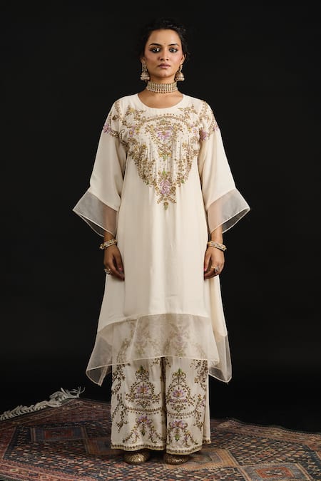 Shop_Reeti Arneja_Ivory Georgette Sequins, Beads, Embroidery Salma Flora Kurta And Palazzo Set _Online_at_Aza_Fashions