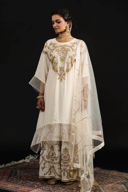 Buy_Reeti Arneja_Ivory Georgette Sequins, Beads, Embroidery Salma Flora Kurta And Palazzo Set 