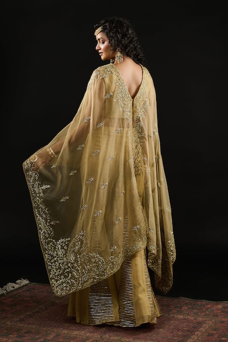 Reeti Arneja Gold Organza, Georgette Embroidery Ambrosia Asymmetric Cape And Godet Sharara Set Online at Aza Fashions Reeti Arneja_Gold Organza, Georgette Embroidery Ambrosia Asymmetric Cape And Godet Sharara Set _Online_at_Aza_Fashions