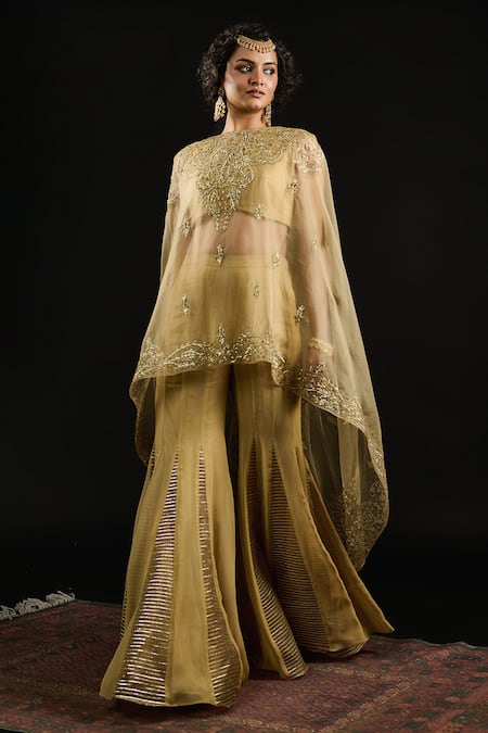 Buy Reeti Arneja Gold Organza, Georgette Embroidery Ambrosia Asymmetric Cape And Godet Sharara Set Online at Aza Fashions Buy_Reeti Arneja_Gold Organza, Georgette Embroidery Ambrosia Asymmetric Cape And Godet Sharara Set _Online_at_Aza_Fashions