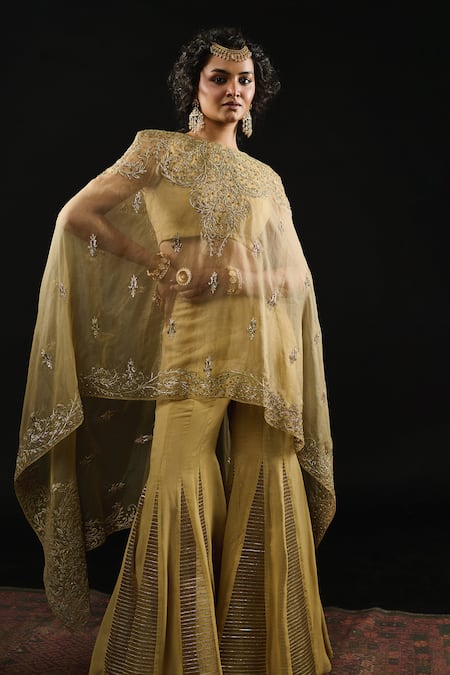 Shop Reeti Arneja Gold Organza, Georgette Embroidery Ambrosia Asymmetric Cape And Godet Sharara Set Online at Aza Fashions Shop_Reeti Arneja_Gold Organza, Georgette Embroidery Ambrosia Asymmetric Cape And Godet Sharara Set _Online_at_Aza_Fashions