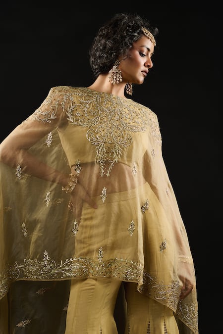 Reeti Arneja Gold Organza, Georgette Embroidery Ambrosia Asymmetric Cape And Godet Sharara Set at Aza Fashions Reeti Arneja_Gold Organza, Georgette Embroidery Ambrosia Asymmetric Cape And Godet Sharara Set _at_Aza_Fashions