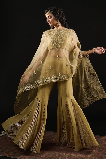 Buy Reeti Arneja Gold Organza, Georgette Embroidery Ambrosia Asymmetric Cape And Godet Sharara Set Buy_Reeti Arneja_Gold Organza, Georgette Embroidery Ambrosia Asymmetric Cape And Godet Sharara Set