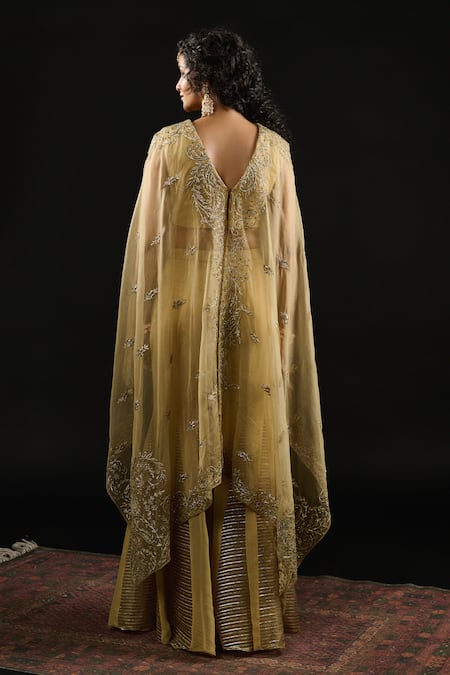 Shop Reeti Arneja Gold Organza, Georgette Embroidery Ambrosia Asymmetric Cape And Godet Sharara Set Shop_Reeti Arneja_Gold Organza, Georgette Embroidery Ambrosia Asymmetric Cape And Godet Sharara Set