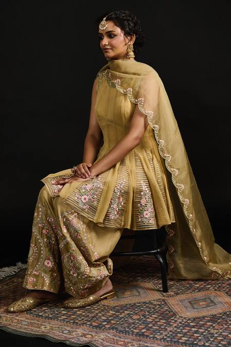 Shop Reeti Arneja Gold Silk, Organza, Georgette Embroidery Round Gul Godet Anarkali And Salwar Set Online at Aza Fashions Shop_Reeti Arneja_Gold Silk, Organza, Georgette Embroidery Round Gul Godet Anarkali And Salwar Set _Online_at_Aza_Fashions