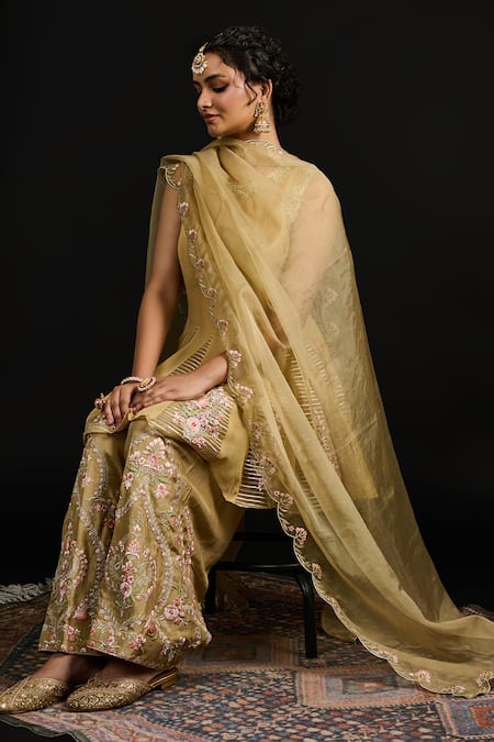 Buy Reeti Arneja Gold Silk, Organza, Georgette Embroidery Round Gul Godet Anarkali And Salwar Set Buy_Reeti Arneja_Gold Silk, Organza, Georgette Embroidery Round Gul Godet Anarkali And Salwar Set