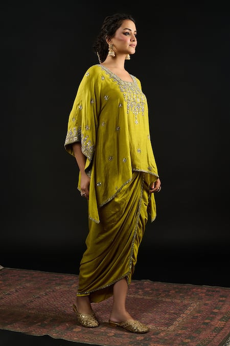 Buy Reeti Arneja Green Satin Khadra Embroidered Short Kaftan Kurti With Draped Dhoti Skirt Online at Aza Fashions Buy_Reeti Arneja_Green Satin Khadra Embroidered Short Kaftan Kurti With Draped Dhoti Skirt _Online_at_Aza_Fashions