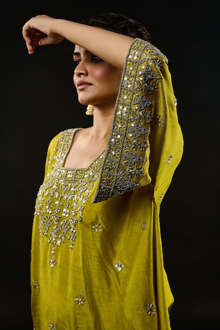 Shop Reeti Arneja Green Satin Khadra Embroidered Short Kaftan Kurti With Draped Dhoti Skirt Online at Aza Fashions Shop_Reeti Arneja_Green Satin Khadra Embroidered Short Kaftan Kurti With Draped Dhoti Skirt _Online_at_Aza_Fashions