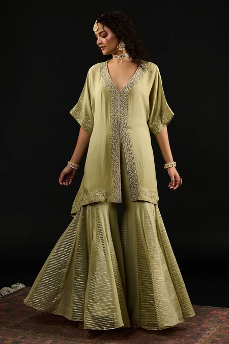Shop Reeti Arneja Green Georgette Embroidery V-neck Zara Bahar Vine Kurta With Godet Sharara Online at Aza Fashions Shop_Reeti Arneja_Green Georgette Embroidery V-neck Zara Bahar Vine Kurta With Godet Sharara _Online_at_Aza_Fashions