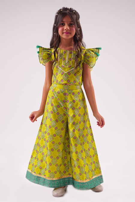 Lil Drama_Green Chanderi Tassels, Embroidery, Gota Patti Floral Print Top With Palazzo _Online_at_Aza_Fashions