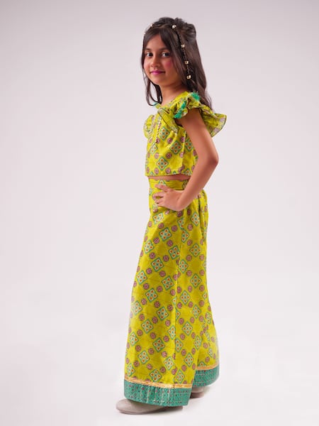 Buy_Lil Drama_Green Chanderi Tassels, Embroidery, Gota Patti Floral Print Top With Palazzo _Online_at_Aza_Fashions