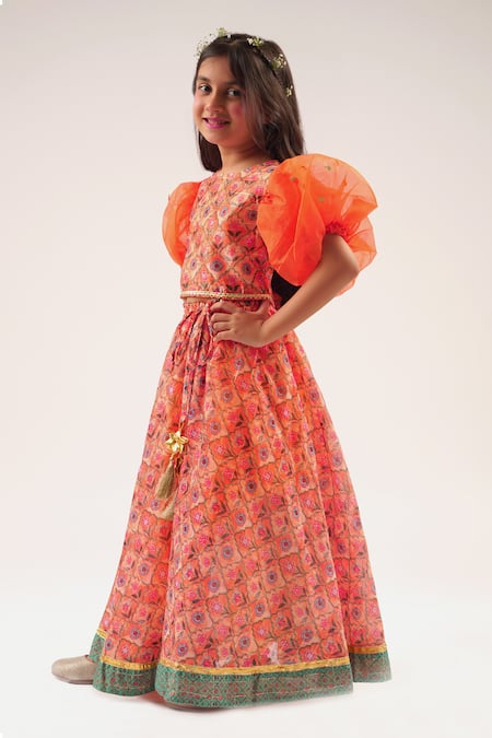 Lil Drama_Orange Chanderi, Cotton Embroidery, Gota Floral Jaal Print Lehenga With Blouse _Online_at_Aza_Fashions