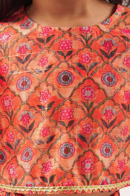 Buy_Lil Drama_Orange Chanderi, Cotton Embroidery, Gota Floral Jaal Print Lehenga With Blouse _Online_at_Aza_Fashions