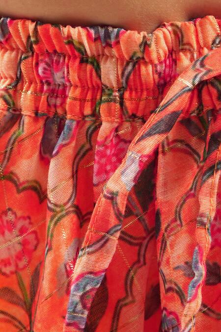 Shop_Lil Drama_Orange Chanderi, Cotton Embroidery, Gota Floral Jaal Print Lehenga With Blouse _Online_at_Aza_Fashions