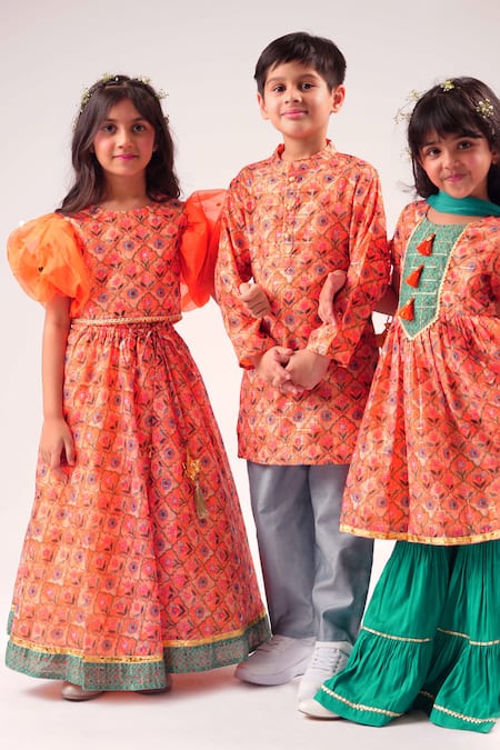 Lil Drama_Orange Chanderi, Cotton Embroidery, Gota Floral Jaal Print Lehenga With Blouse _at_Aza_Fashions