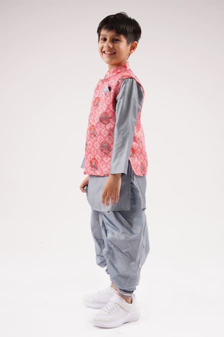 Lil Drama_Pink Cotton, Pashmina Embroidery Floral Geometric Print Bundi Kurta Set _Online_at_Aza_Fashions