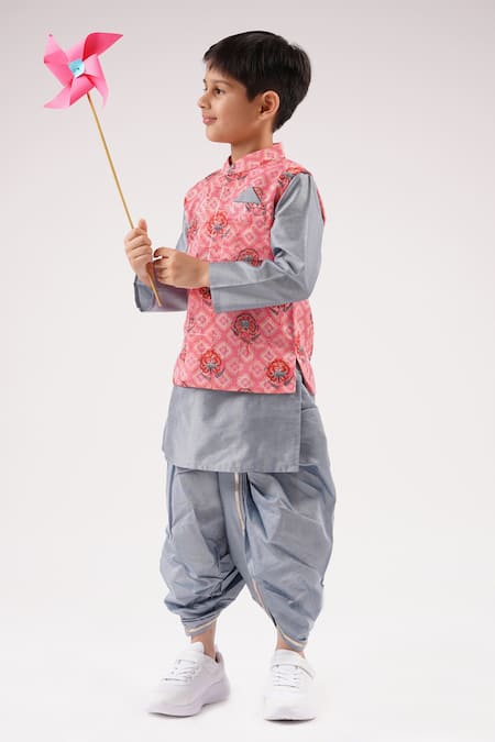 Lil Drama_Pink Cotton, Pashmina Embroidery Floral Geometric Print Bundi Kurta Set _at_Aza_Fashions