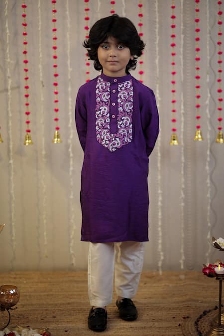 Buy_Tiny Colour_Purple Cotton, Silk Embroidery Floral Block Print Kurta With Pyjama _Online_at_Aza_Fashions