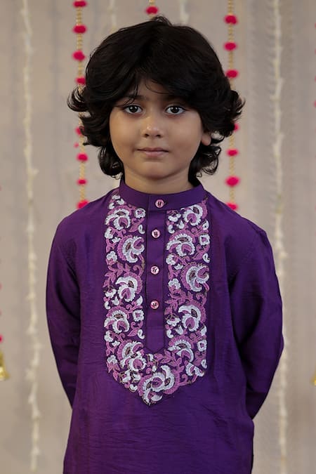Shop_Tiny Colour_Purple Cotton, Silk Embroidery Floral Block Print Kurta With Pyjama _Online_at_Aza_Fashions