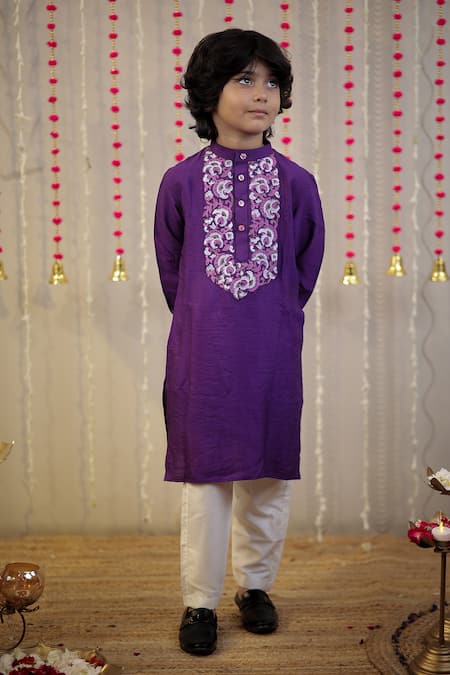 Tiny Colour_Purple Cotton, Silk Embroidery Floral Block Print Kurta With Pyjama _at_Aza_Fashions