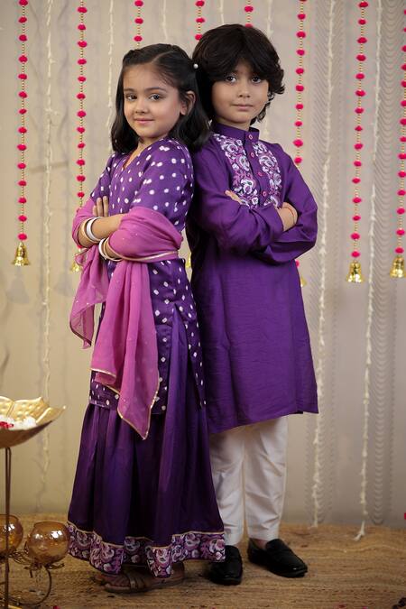 Tiny Colour_Purple Modal, Georgette, Muslin Embroidery, Bandhej Printed Kurta And Sharara Set _Online_at_Aza_Fashions