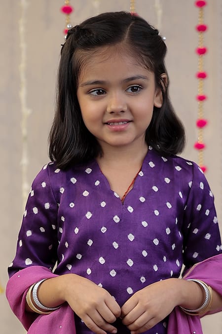 Buy_Tiny Colour_Purple Modal, Georgette, Muslin Embroidery, Bandhej Printed Kurta And Sharara Set _Online_at_Aza_Fashions