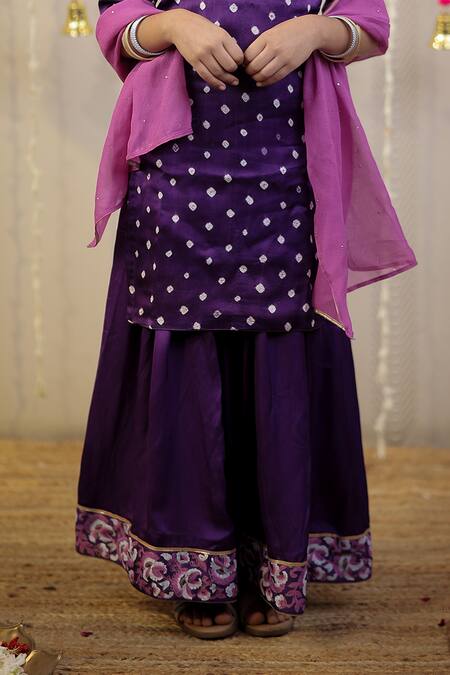 Shop_Tiny Colour_Purple Modal, Georgette, Muslin Embroidery, Bandhej Printed Kurta And Sharara Set _Online_at_Aza_Fashions
