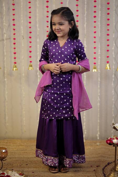 Tiny Colour_Purple Modal, Georgette, Muslin Embroidery, Bandhej Printed Kurta And Sharara Set _at_Aza_Fashions