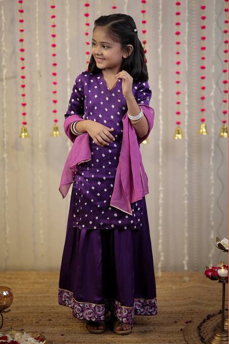 Buy_Tiny Colour_Purple Modal, Georgette, Muslin Embroidery, Bandhej Printed Kurta And Sharara Set 