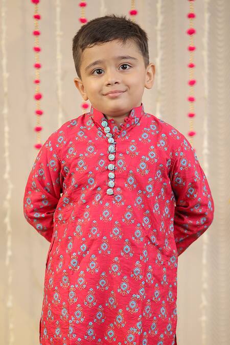 Shop_Tiny Colour_Pink Cotton, Silk Embroidery Traditional Block Print Kurta With Pyjama _Online_at_Aza_Fashions