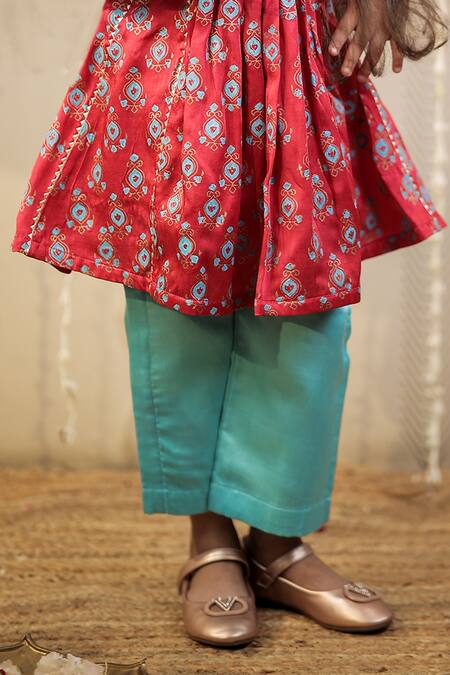 Tiny Colour_Pink Cotton, Modal Lace, Embroidery Block Print Gathered Kurta With Pant _Online_at_Aza_Fashions