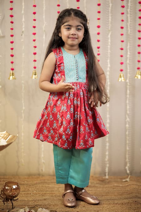 Buy_Tiny Colour_Pink Cotton, Modal Lace, Embroidery Block Print Gathered Kurta With Pant _Online_at_Aza_Fashions