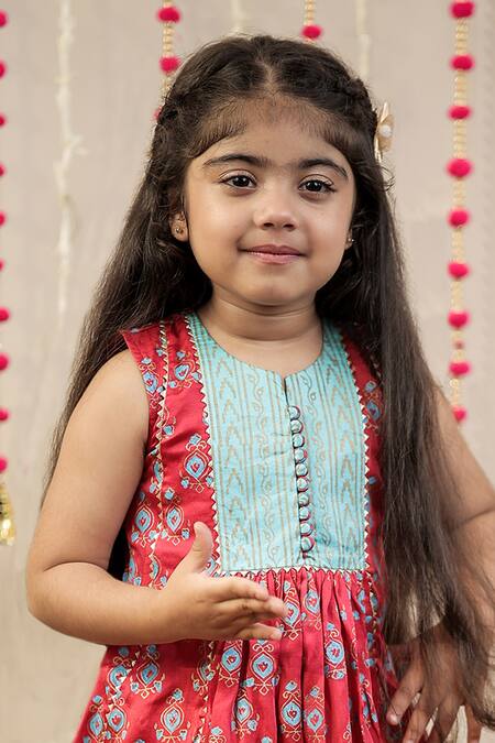 Shop_Tiny Colour_Pink Cotton, Modal Lace, Embroidery Block Print Gathered Kurta With Pant _Online_at_Aza_Fashions