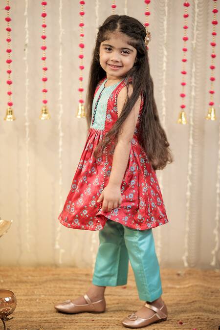 Tiny Colour_Pink Cotton, Modal Lace, Embroidery Block Print Gathered Kurta With Pant _at_Aza_Fashions