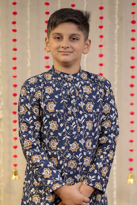 Buy_Tiny Colour_Blue Cotton, Silk Block Print Kurta With Pant _Online_at_Aza_Fashions