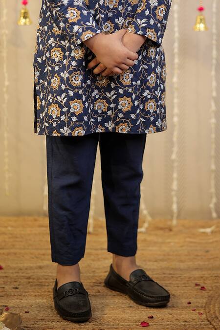 Shop_Tiny Colour_Blue Cotton, Silk Block Print Kurta With Pant _Online_at_Aza_Fashions