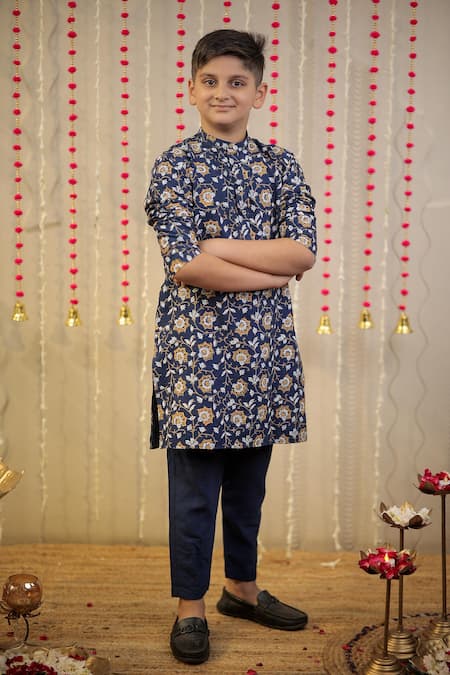 Tiny Colour_Blue Cotton, Silk Block Print Kurta With Pant _at_Aza_Fashions