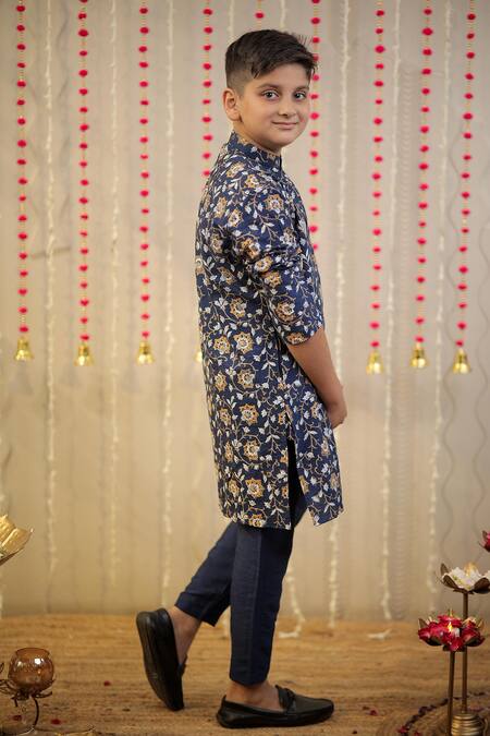 Buy_Tiny Colour_Blue Cotton, Silk Block Print Kurta With Pant 