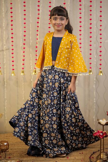 Buy_Tiny Colour_Blue Muslin, Modal Pearls Bandhej Embroidered Cape And Lehenga Set _Online_at_Aza_Fashions