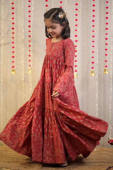 Shop_Tiny Colour_Maroon Cotton, Muslin Embroidery Floral Block Print Tiered Kurta _Online_at_Aza_Fashions