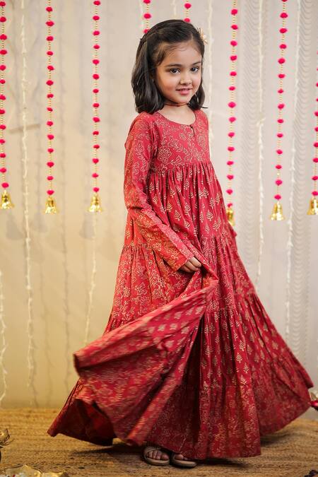 Tiny Colour_Maroon Cotton, Muslin Embroidery Floral Block Print Tiered Kurta _at_Aza_Fashions