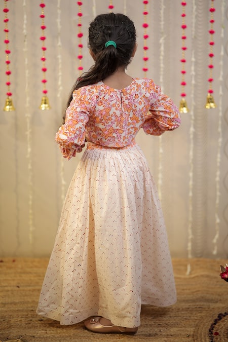 Tiny Colour Floral Block Print Pleated Blouse With Lehenga 