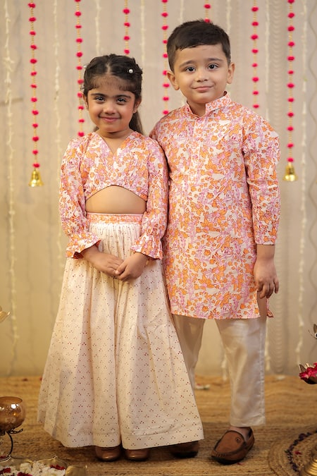 Tiny Colour_Peach , Muslin, Floral Block Print Pleated Blouse With Lehenga _Online_at_Aza_Fashions